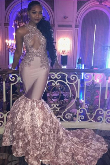 PINK LACE PROM DRESS MERMAID EVENING GOWNS WITH BOTTOM FLOWERS HZ1023